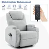 A light gray electric recliner chair with icons and text describing its features, and a hand holding a remote control. Náhľad obrázku produktu