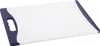 A white and blue plastic cutting board with a handle is shown from a diagonal angle against a white background. Produktbild-Vorschau