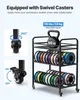 A black three-tiered storage rack filled with spools of filament for a 3D printer, with close-up insets showing the swivel casters. Podgląd zdjęcia produktu
