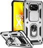 A silver phone case with a ring holder and camera cover is shown from two angles against a white background. Produktbild-Vorschau
