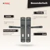 A product image showcasing door handles with descriptive text highlighting features and benefits. Produktbild-Vorschau