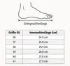 A diagram of a foot with a table showing EU shoe sizes and corresponding insole lengths in centimeters. Produktbild-Vorschau