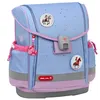 A light blue school backpack with pink and gray accents, decorated with horse-themed patches and a heart charm. Produktbild-Vorschau