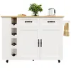 A white kitchen island with a wooden countertop, featuring wine bottle storage, drawers, and cabinets, set against a white background. Podgląd zdjęcia produktu
