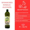 A bottle of olive oil is shown next to a red background with text listing recipe ideas. Produktbild-Vorschau
