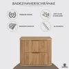 A marketing image showcasing a wooden bathroom cabinet with feature callouts. Produktbild-Vorschau