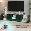 A modern TV stand with RGB lighting and glass shelves, featuring a remote control and text indicating customizable colors. Produktbild-Vorschau