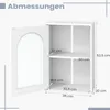 A diagram showing the dimensions of a white cabinet with an open door. Produktbild-Vorschau