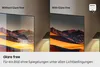 A split image comparing a TV screen with and without glare-free technology, showing a landscape scene. Voir les images du produit