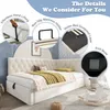 A corner bed with a tufted headboard and storage drawers, surrounded by decorative elements and feature callouts. Náhled obrázku produktu