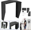 A collage showing a black metal wallbox cover, its components, and a man charging an electric car. Voir les images du produit