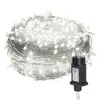 A coiled string of white LED lights with a black power adapter. Produktbild-Vorschau