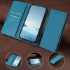 A blue flip case for a smartphone is displayed on a brown textured surface, with multiple views of the case and phone shown in circular insets. Anteprima dell’immagine prodotto