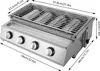 A stainless steel gas grill with dimensions indicated by arrows and text. Produktbild-Vorschau