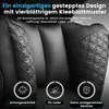 Close-up of the textured seat of a black chair, with marketing text and icons overlaid. Voir les images du produit