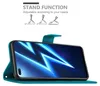 A teal flip case for a smartphone is shown open, with the phone displaying a vibrant blue and white abstract image. Above the phone case, there are graphics illustrating the stand function of the case. Náhled obrázku produktu