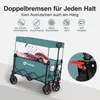 A teal colored wagon with a canopy is shown with various items inside, including what appears to be a surfboard and a pink bag. The wagon is on a light gray surface, possibly a ramp or slope. A close-up inset shows a red brake mechanism on one of the wagon Produktbild-Vorschau