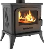 A freestanding cast iron wood-burning stove with a fire burning inside. Anteprima dell’immagine prodotto