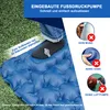 A person's foot is shown stepping on a blue inflatable sleeping mat, demonstrating the built-in foot pump feature. The background includes grass and a graphic overlay with text and icons. Produktbild-Vorschau