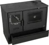 A black wood-burning stove with a glass oven door and a stovetop with multiple heating elements. Dimensions are indicated on the left door. Produktbild-Vorschau