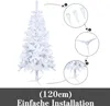An instructional diagram showing how to assemble a white artificial Christmas tree, with close-ups of the stand components. Voir les images du produit