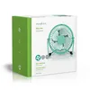 The image shows the packaging of a small, turquoise Nedis USB-powered mini fan. Podgląd zdjęcia produktu