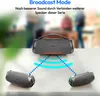 Three portable Bluetooth speakers are shown, with two smaller speakers connected wirelessly to a larger speaker, illustrating a 'Broadcast Mode'. People are blurred in the background. Produktbild-Vorschau