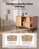 A cat cabinet is shown in a room setting, with a lamp and side table nearby. Below the cabinet, two litter boxes are displayed with their dimensions. Produktbild-Vorschau