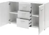A white sideboard with its left door and three drawers open, showing the interior shelves and drawer runners. Produktbild-Vorschau