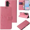 Collage of images showing a pink floral butterfly flip case for a Samsung Galaxy A56 5G phone. Produktbild-Vorschau