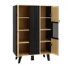 A modern cabinet with black and wood accents, open doors revealing shelves. Produktbild-Vorschau