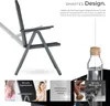 A marketing image showcasing a gray folding chair with various feature callouts and text. Produktbild-Vorschau