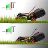 Two images of a black lawnmower in grass, with diagrams showing cutting height adjustments. Produktbild-Vorschau