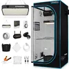 A collection of indoor grow tent equipment, including a grow tent, LED grow light, fan, filter, and accessories, arranged around the tent. Produktbild-Vorschau