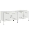 A white metal TV cabinet with four doors and four legs, shown against a white background. Produktbild-Vorschau