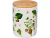 A white ceramic storage jar decorated with a strawberry pattern and a wooden lid. Produktbild-Vorschau