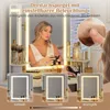 A woman is applying makeup in front of a lighted vanity mirror with multiple panels. The image also shows close-ups of the mirror's touch controls and different lighting options. Produktbild-Vorschau