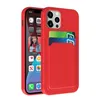 A red iPhone case with a card holder on the back, showing a phone screen inside. Produktbild-Vorschau
