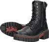 A pair of black biker boots with a chunky platform sole, laces, and a side zipper, shown against a white background. One boot is upright, and the other is shown from the sole. Produktbild-Vorschau