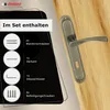 A door handle set is shown mounted on a wooden door, with a graphic overlay detailing the included components. Produktbild-Vorschau