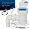 A product shot of a white plastic plumbing fitting with a blue seal and a metal clamp. Produktbild-Vorschau