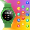 A green smartwatch is displayed prominently on the left side of the image, with a colorful, abstract background on the right. The background features a grid of circular icons, each representing a different sport or activity, with corresponding text labels. Produktbild-Vorschau