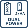 A graphic illustrating dual power options for a Bosch product. Voir les images du produit