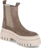 A single taupe colored boot with a thick beige sole. Podgląd zdjęcia produktu