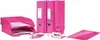 A collection of pink office supplies, including binders, a paper tray, staplers, and a hole punch, arranged on a white background. Náhled obrázku produktu