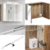 Collage of images showing different parts and angles of a bathroom furniture set, including a mirrored cabinet, a sink cabinet, and lighting fixtures. Produktbild-Vorschau