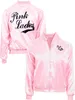 Two pink satin jackets with 'Pink Ladies' text on them, shown from different angles. Anteprima dell’immagine prodotto