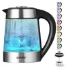 A glass electric kettle with a black handle, filled with blue-tinted water, is shown against a white background. A series of smaller images of similar kettles in different colors are displayed to the right, along with a close-up of a filter component.