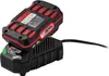 A black and red battery charger with a battery pack attached, shown on a white background. Produktbild-Vorschau