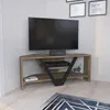 A corner TV stand with a television and electronics. Anteprima dell’immagine prodotto